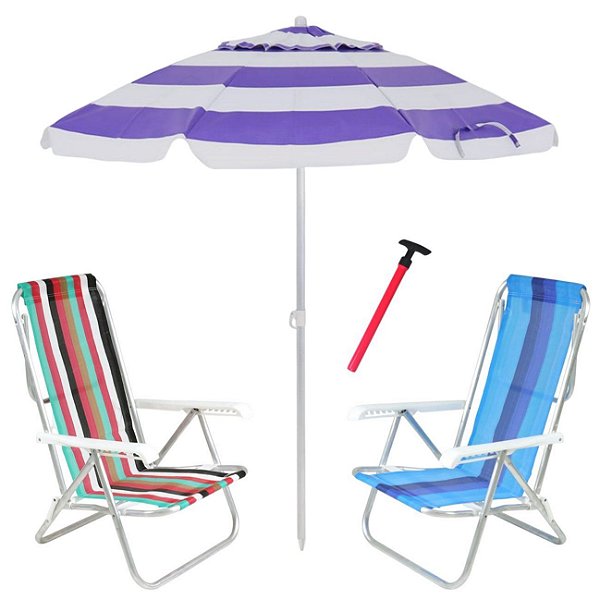 Kit Praia 2 Cadeira 8 Pos Alumínio Guarda Sol 2,4m Bagum Sortido Saca Areia Pressão - Belfix - Azul