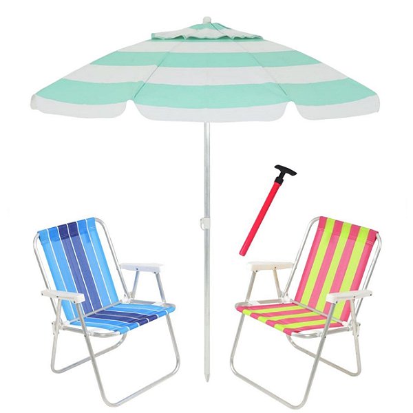 Kit Praia 2 Cadeira Alta Guarda Sol 2,4m Bagum Sortido Saca Areia Pressão - Belfix - Verde