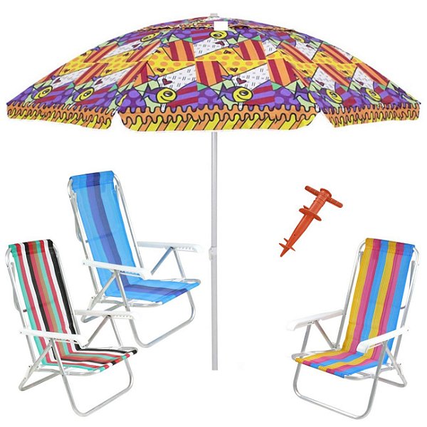 Kit Praia 3 Cadeira 8 Pos Alumínio Guarda Sol 2,4m Al-Mare Saca Areia Rosca - Belfix - Sort2