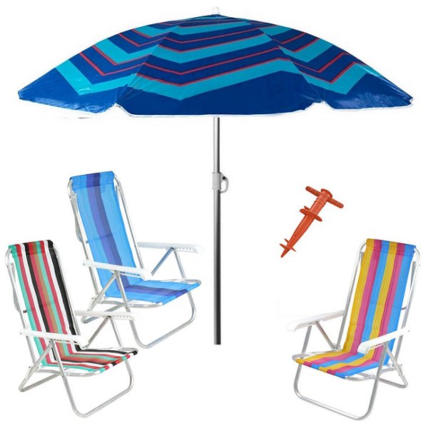 Kit Praia 3 Cadeira 8 Pos Alumínio Guarda Sol 2,2m Al-Mare Saca Areia Rosca - Belfix - Sort4