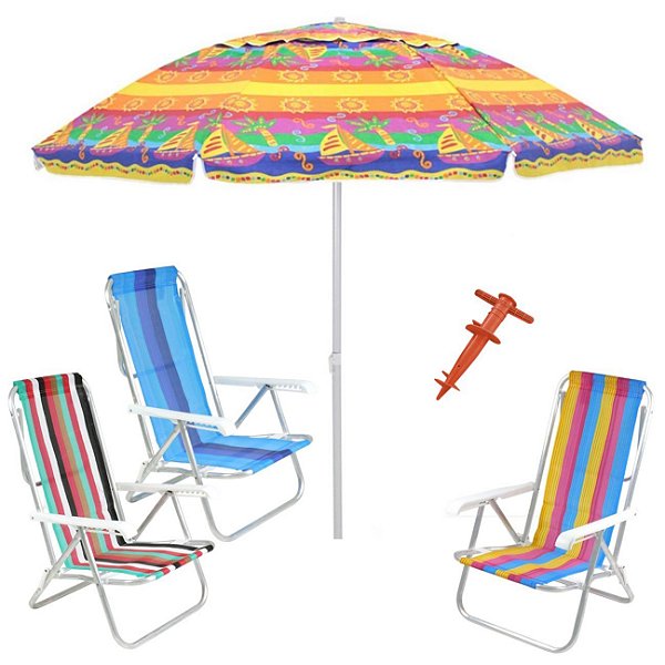 Kit Praia 3 Cadeira 8 Pos Alumínio Guarda Sol 2,2m Al-Mare Saca Areia Rosca - Belfix - Sort3