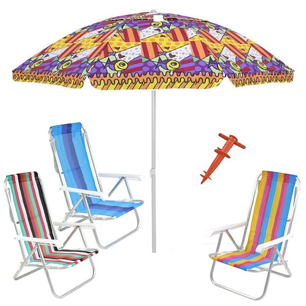 Kit Praia 3 Cadeira 8 Pos Alumínio Guarda Sol 2,2m Al-Mare Saca Areia Rosca - Belfix - Sort2
