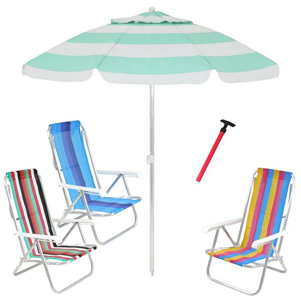 Kit Praia 3 Cadeira 8 Pos Alumínio Guarda Sol 2,4m Bagum Sortido Saca Areia Pressão - Belfix - Verde