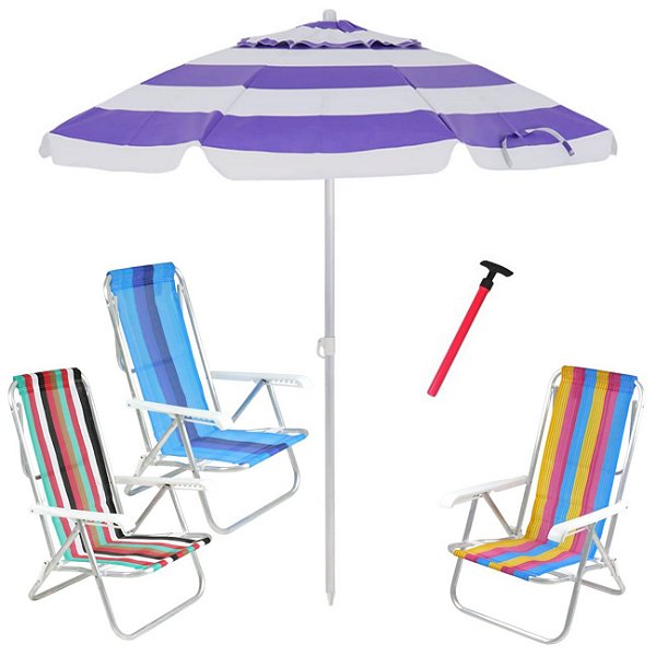 Kit Praia 3 Cadeira 8 Pos Alumínio Guarda Sol 2,4m Bagum Sortido Saca Areia Pressão - Belfix - Azul