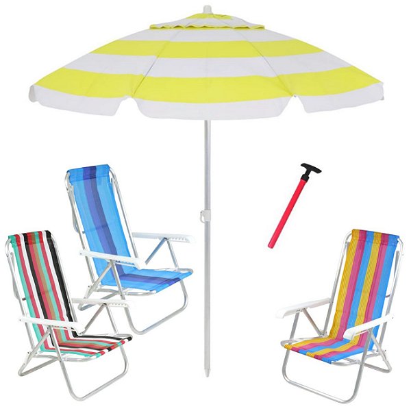 Kit Praia 3 Cadeira 8 Pos Alumínio Guarda Sol 2,4m Bagum Sortido Saca Areia Pressão - Belfix - Amarelo