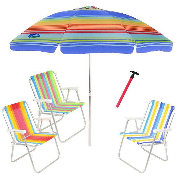 Kit Praia 3 Cadeira Alta Guarda Sol 2,4m Rainbow Saca Areia Pressão - Belfix - Sort1