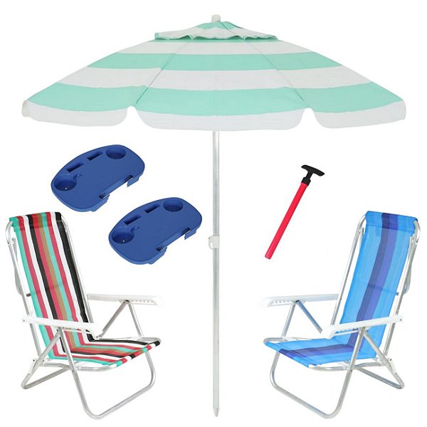 Kit Praia 2 Cadeira 8 Pos Alumínio Guarda Sol 2,4m Sortido 2 Mesa Portátil Saca Areia Pressão - Belfix - Verde