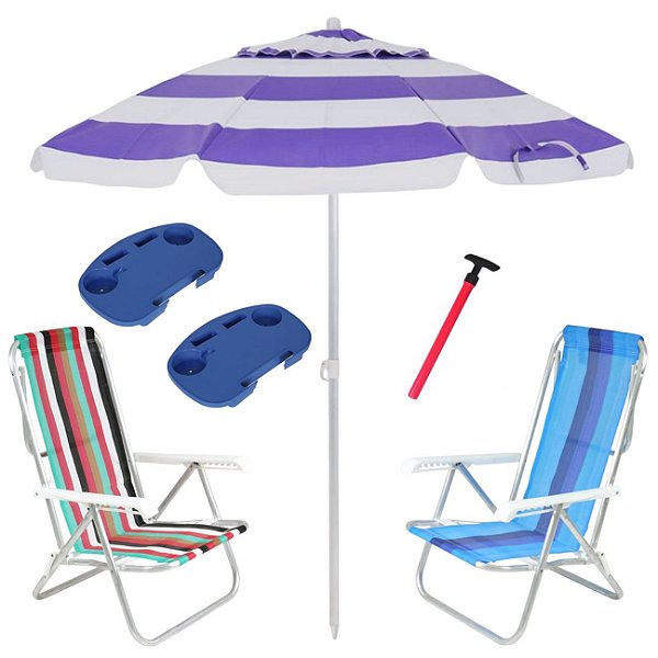 Kit Praia 2 Cadeira 8 Pos Alumínio Guarda Sol 2,4m Sortido 2 Mesa Portátil Saca Areia Pressão - Belfix - Azul