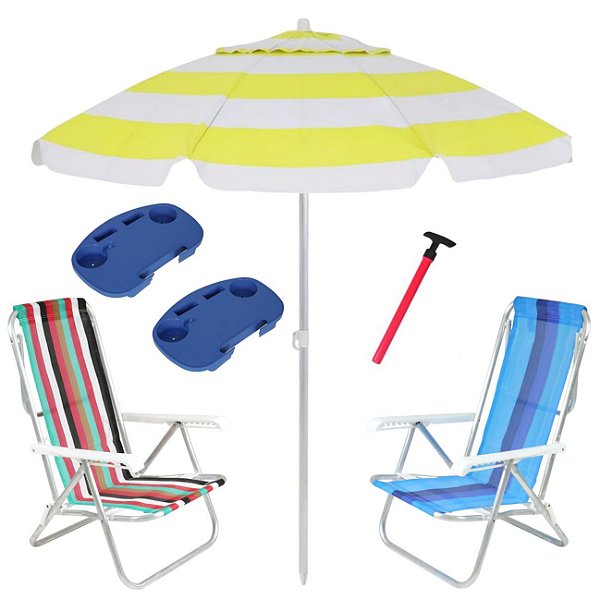 Kit Praia 2 Cadeira 8 Pos Alumínio Guarda Sol 2,4m Sortido 2 Mesa Portátil Saca Areia Pressão - Belfix - Amarelo