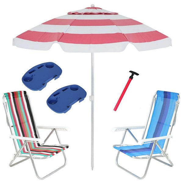 Kit Praia 2 Cadeira 8 Pos Alumínio Guarda Sol 2,4m Sortido 2 Mesa Portátil Saca Areia Pressão - Belfix - Vermelho
