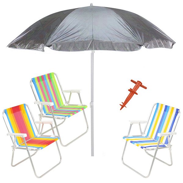 Kit Praia 3 Cadeira Alta Guarda Sol 2,2m Al-Mare Saca Areia Rosca - Belfix - Sort6