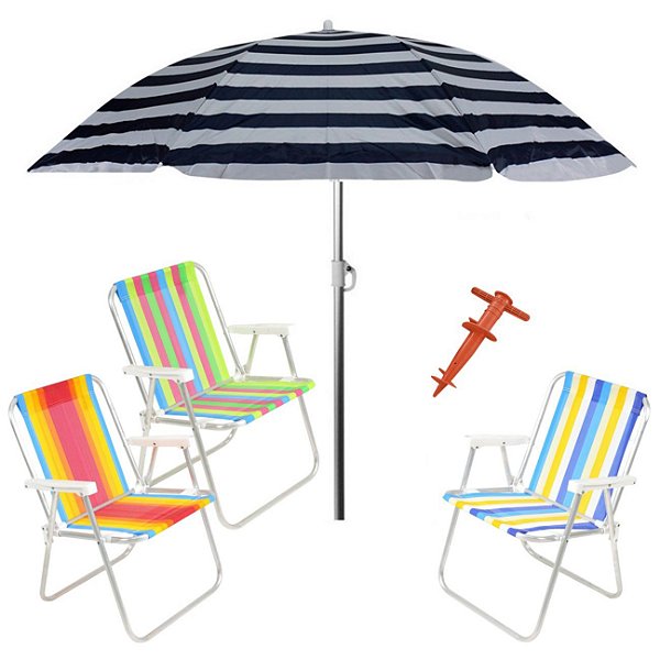 Kit Praia 3 Cadeira Alta Guarda Sol 2,2m Al-Mare Saca Areia Rosca - Belfix - Sort5