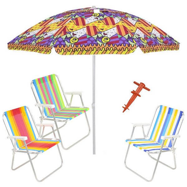 Kit Praia 3 Cadeira Alta Guarda Sol 2,2m Al-Mare Saca Areia Rosca - Belfix - Sort2