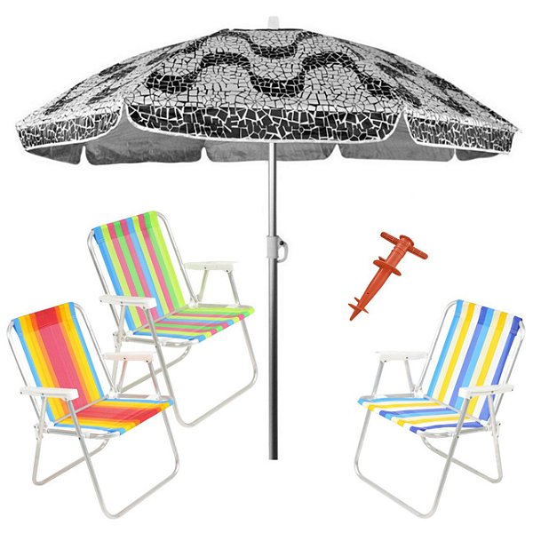 Kit Praia 3 Cadeira Alta Guarda Sol 2,2m Al-Mare Saca Areia Rosca - Belfix - Sort1