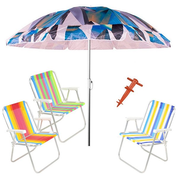Kit Praia 3 Cadeira Alta Guarda Sol 2,4m Al-Mare Saca Areia Rosca - Belfix - Sort5
