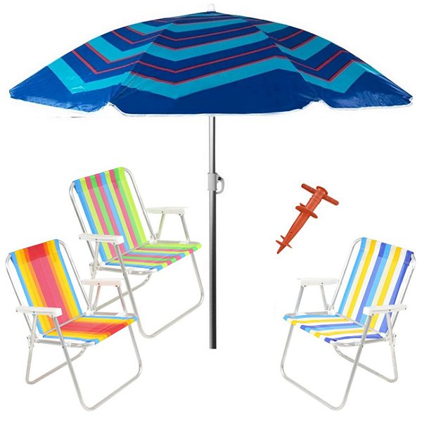 Kit Praia 3 Cadeira Alta Guarda Sol 2,4m Al-Mare Saca Areia Rosca - Belfix - Sort4