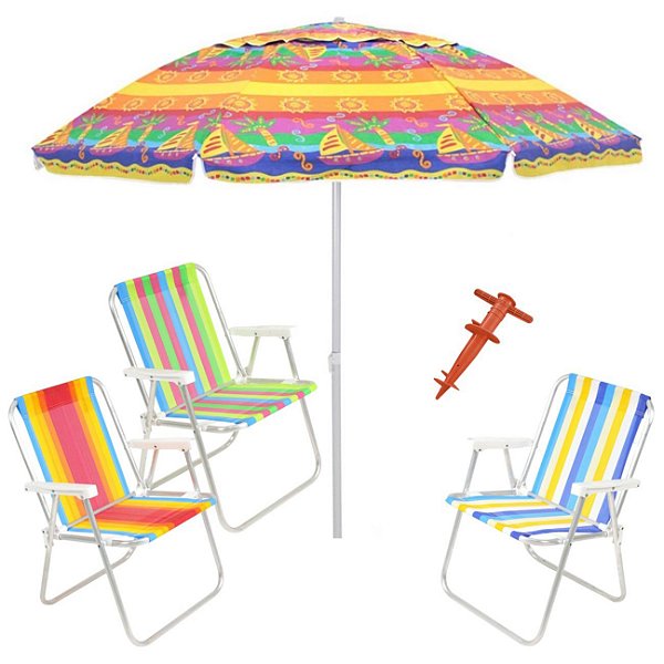 Kit Praia 3 Cadeira Alta Guarda Sol 2,4m Al-Mare Saca Areia Rosca - Belfix - Sort3