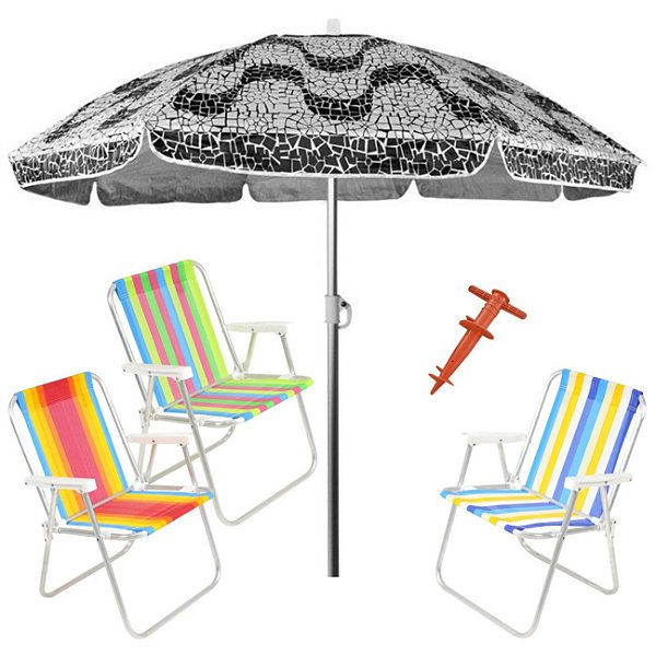 Kit Praia 3 Cadeira Alta Guarda Sol 2,4m Al-Mare Saca Areia Rosca - Belfix - Sort1