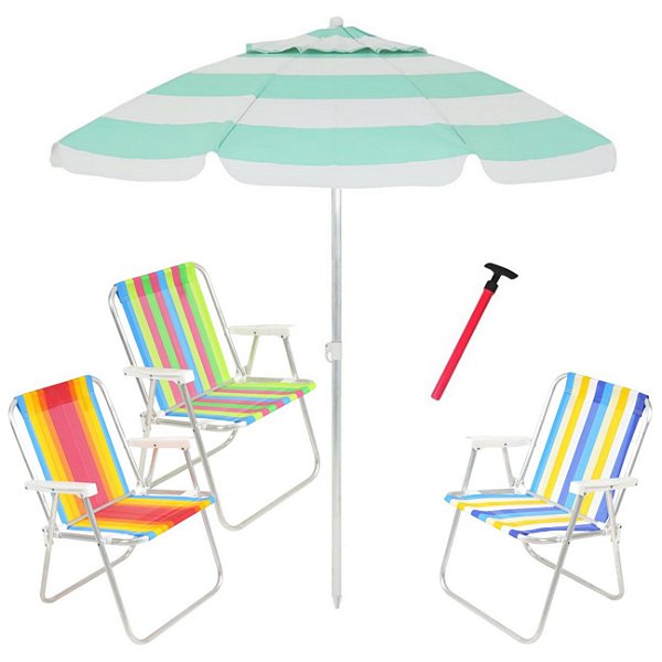 Kit Praia 3 Cadeira Alta Guarda Sol 2,4m Bagum Sortido Saca Areia Pressão - Belfix - Verde