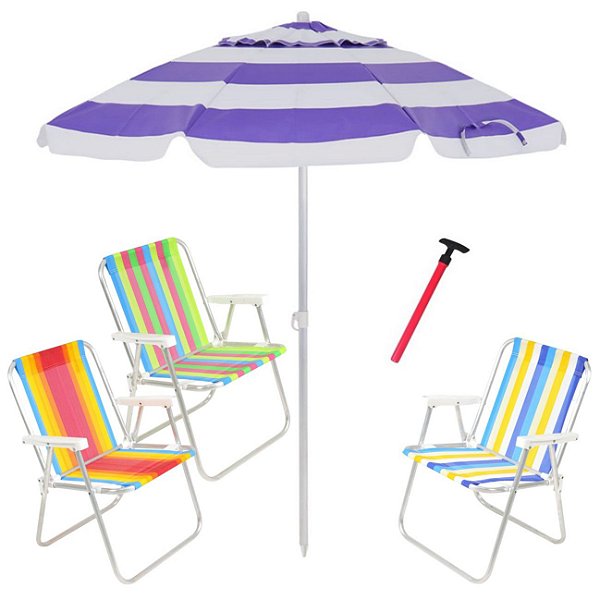 Kit Praia 3 Cadeira Alta Guarda Sol 2,4m Bagum Sortido Saca Areia Pressão - Belfix - Azul