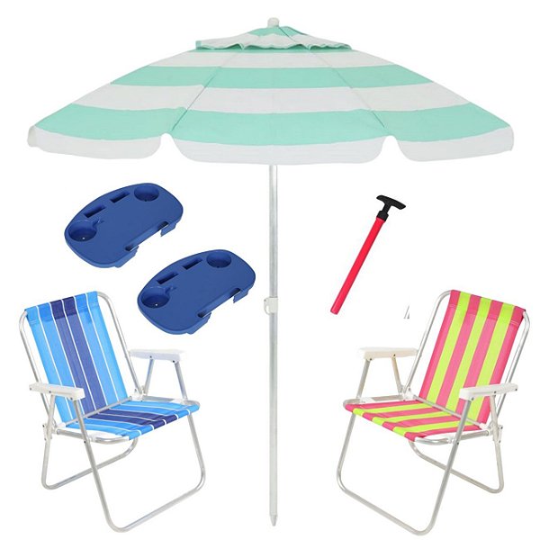 Kit Praia 2 Cadeira Alta Guarda Sol 2,4m Sortido 2 Mesa Portátil Saca Areia Pressão - Belfix - Verde