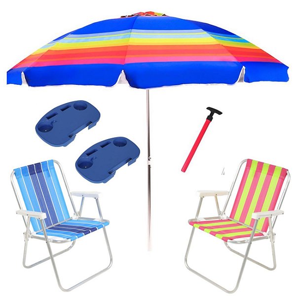 Kit Praia 2 Cadeira Alta Guarda Sol 2,4m Rainbow 2 Mesa Portátil Saca Areia Pressão - Belfix - Sort3