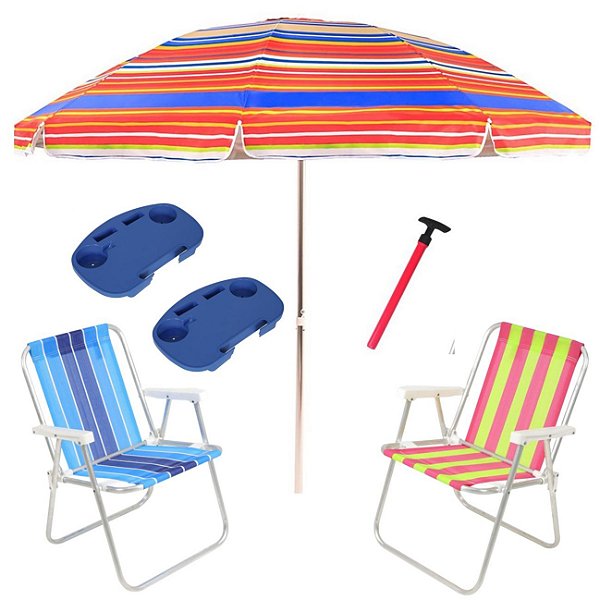 Kit Praia 2 Cadeira Alta Guarda Sol 2,4m Rainbow 2 Mesa Portátil Saca Areia Pressão - Belfix - Sort2