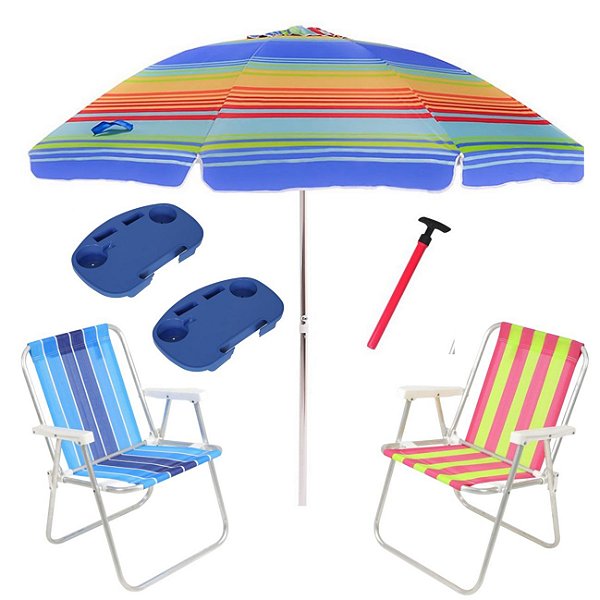 Kit Praia 2 Cadeira Alta Guarda Sol 2,4m Rainbow 2 Mesa Portátil Saca Areia Pressão - Belfix - Sort1