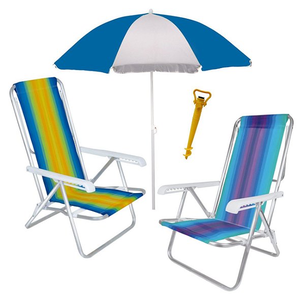 Kit Praia 2 Cadeira Reclinável 8 Posições Alumínio + Guarda Sol 1,8m + Saca Areia - Mor - Azul