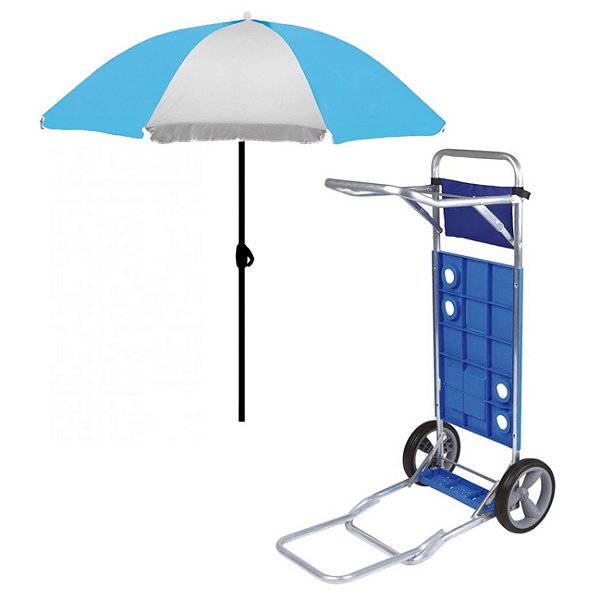 Kit Carrinho De Praia Com Avanço + Guarda Sol Aço 1,80 M - Mor - Azul Claro