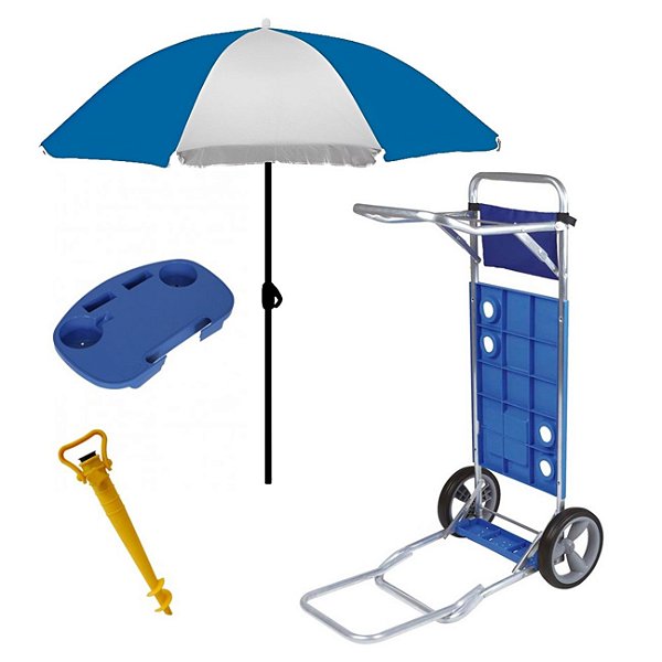 Kit Carrinho De Praia Com Avanço + Mesa Portatil  + Guarda Sol + Saca Areia - Mor - Azul