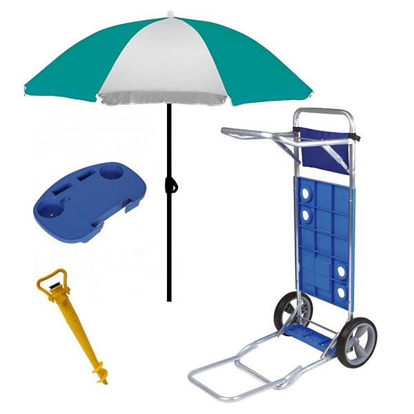 Kit Carrinho De Praia Com Avanço + Mesa Portatil  + Guarda Sol + Saca Areia - Mor - Verde