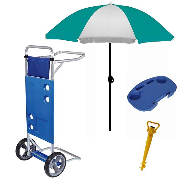 Kit Carrinho De Praia + Guarda Sol + Saca Areia + Mesa Portátil - Mor - Verde
