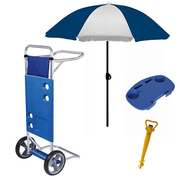 Kit Carrinho De Praia + Guarda Sol + Saca Areia + Mesa Portátil - Mor - Azul Marinho