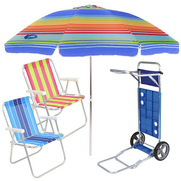 Kit Praia 2 Cadeira Alta Guarda Sol 2,4m Rainbow Carrinho De Praia Com Avanço - Belfix - Sort1
