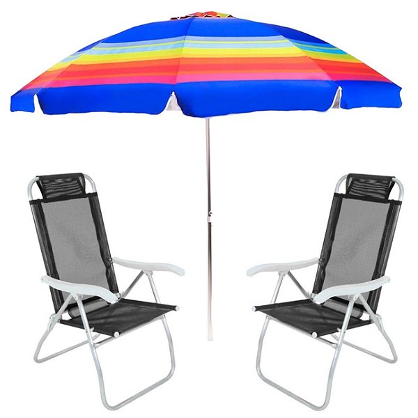 Kit Praia 2 Cadeira Prosa Preta Guarda Sol 2,4m Rainbow - Belfix - Sort3