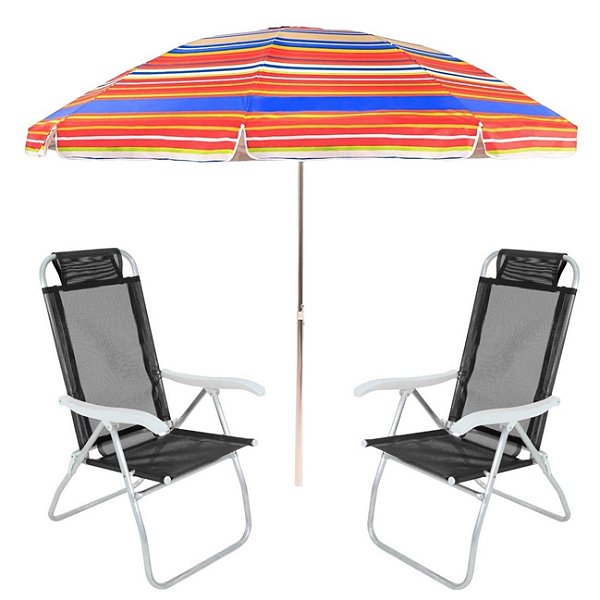 Kit Praia 2 Cadeira Prosa Preta Guarda Sol 2,4m Rainbow - Belfix - Sort2