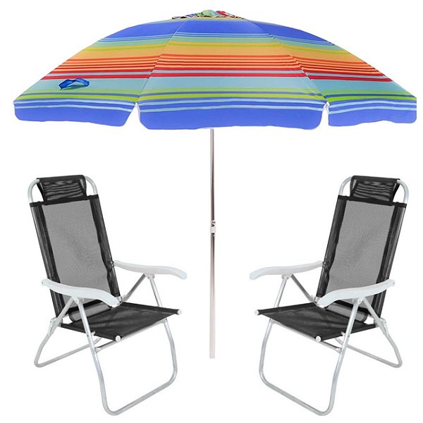 Kit Praia 2 Cadeira Prosa Preta Guarda Sol 2,4m Rainbow - Belfix - Sort1