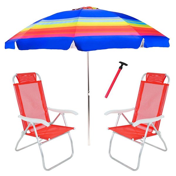 Kit Praia 2 Cadeira Prosa Vermelha Guarda Sol 2,4m Rainbow Saca Areia Pressão - Belfix - Sort3
