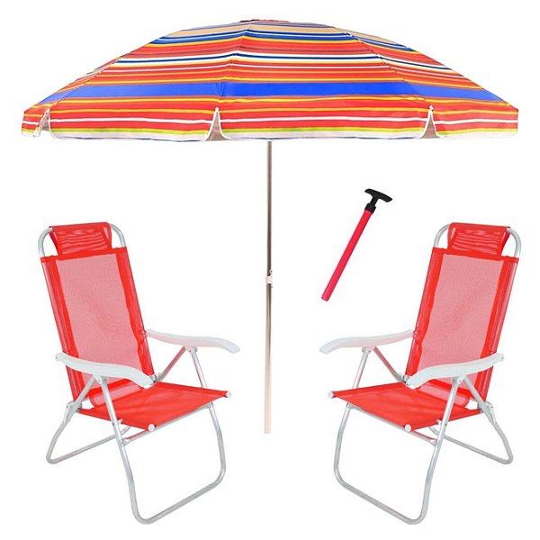Kit Praia 2 Cadeira Prosa Vermelha Guarda Sol 2,4m Rainbow Saca Areia Pressão - Belfix - Sort2