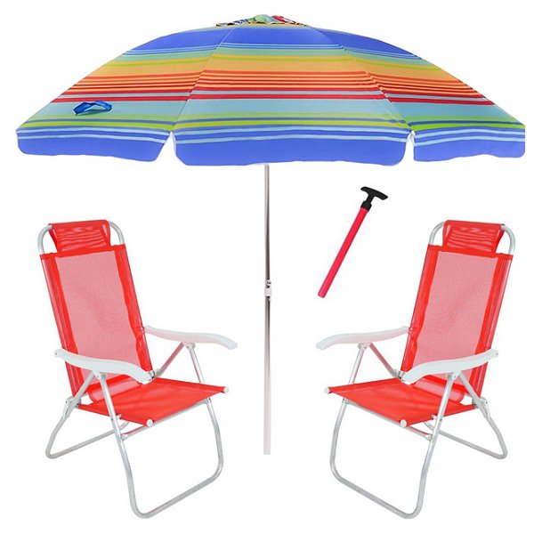 Kit Praia 2 Cadeira Prosa Vermelha Guarda Sol 2,4m Rainbow Saca Areia Pressão - Belfix - Sort1