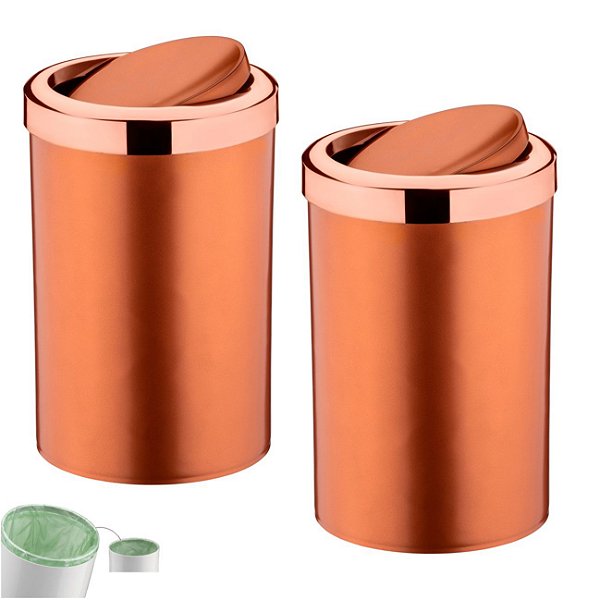 Kit 2 Lixeira 8 Litros Tampa Cesto De Lixo Basculante Para Cozinha Banheiro Escritório Rose Gold - Future - Rose Gold