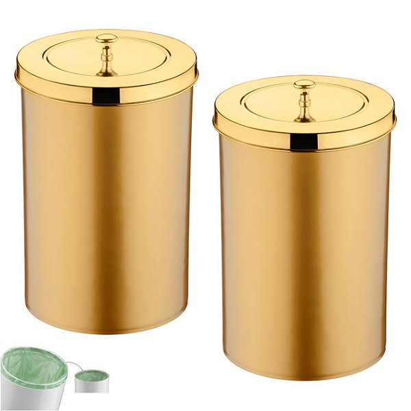 Kit 2 Lixeira 8 Litros Tampa Cesto De Lixo Dourado Para Cozinha Banheiro Escritório - Future - Dourado