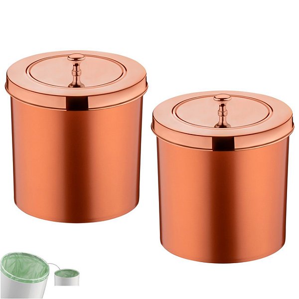 Kit 2 Lixeira 5 Litros Tampa Cesto De Lixo Rose Gold Para Banheiro Pia Cozinha- Future - Rose Gold