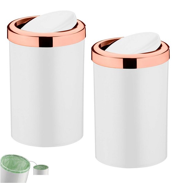 Kit 2 Lixeira 8 Litros Tampa Cesto De Lixo Basculante Rose Gold Para Cozinha Banheiro Escritório - Future - Branco