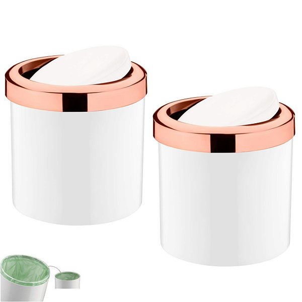 Kit 2 Lixeira 5 Litros Tampa Basculante Cesto De Lixo Rose Gold Para Cozinha Banheiro Escritório - Future - Branco
