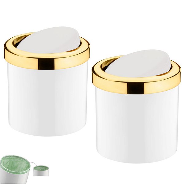 Kit 2 Lixeira 5 Litros Tampa Basculante Cesto De Lixo Dourado  Para Cozinha Banheiro Escritório - Future - Branco
