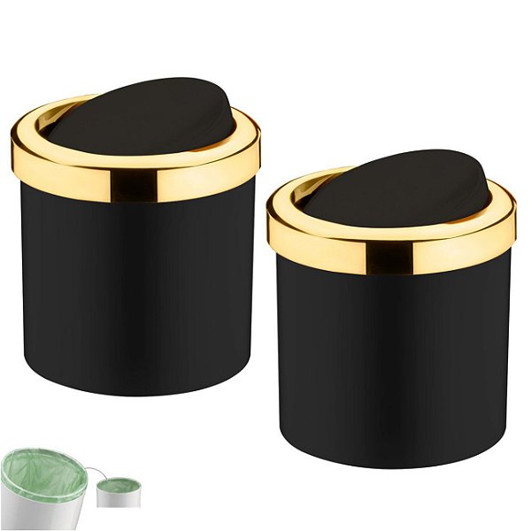 Kit 2 Lixeira 5 Litros Tampa Cesto De Lixo Basculante Dourado Para Cozinha Banheiro Escritório - Future - Preto
