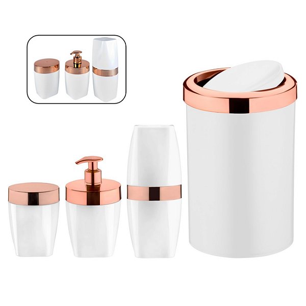 Kit Lixeira 8L Basculante Dispenser Sabonete Porta Escova Dente Algodão Branco Rose Gold Banheiro - Future