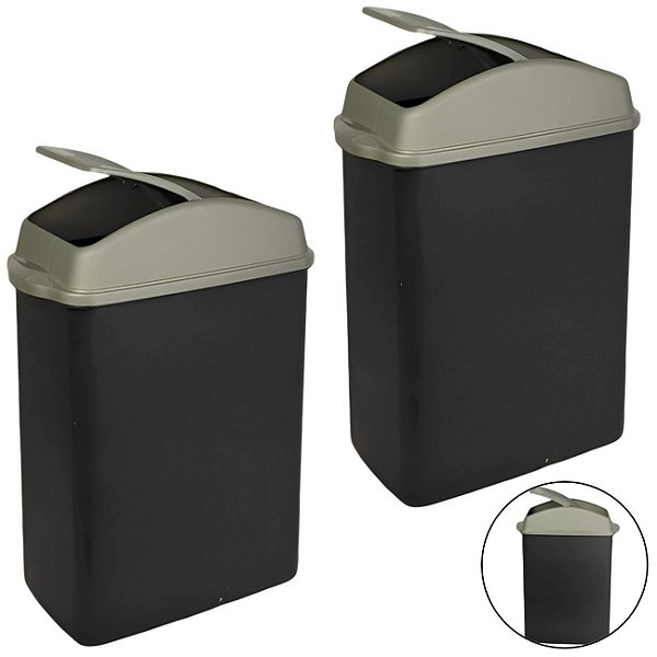 Kit 2 Lixeira 8,8 Litros Com Tampa Cesto De Lixo Basculante Plástica Cozinha Banheiro - Sanremo - Preto